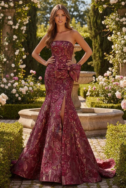 Strapless Floral Jacquard Mermaid Prom Dress with Bow | Sevoba