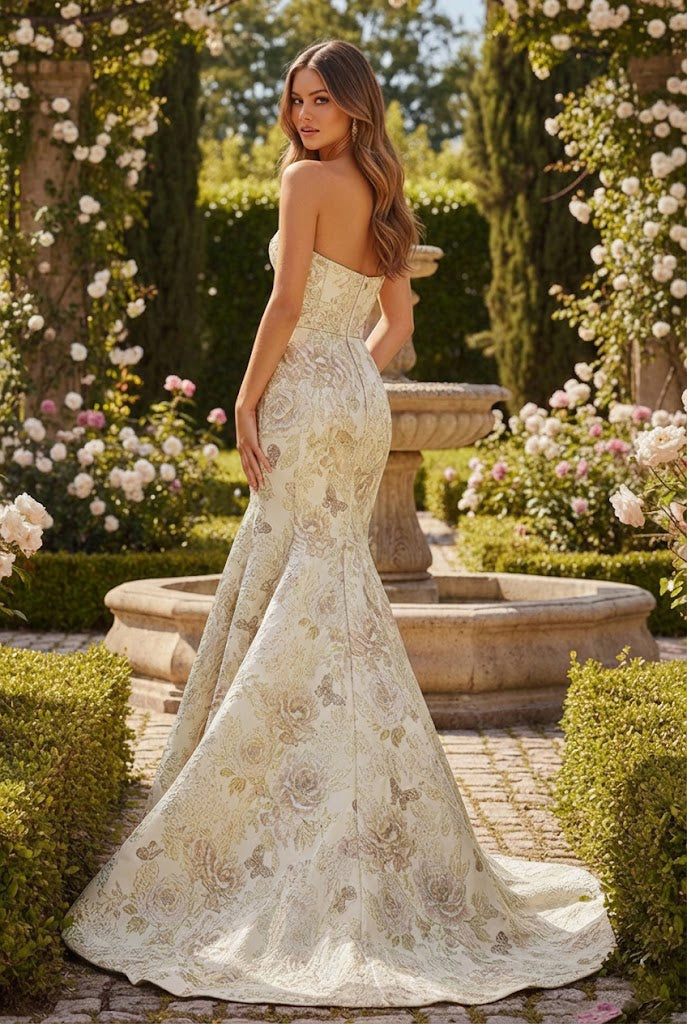 Strapless Floral Jacquard Mermaid Prom Dress with Bow | Sevoba