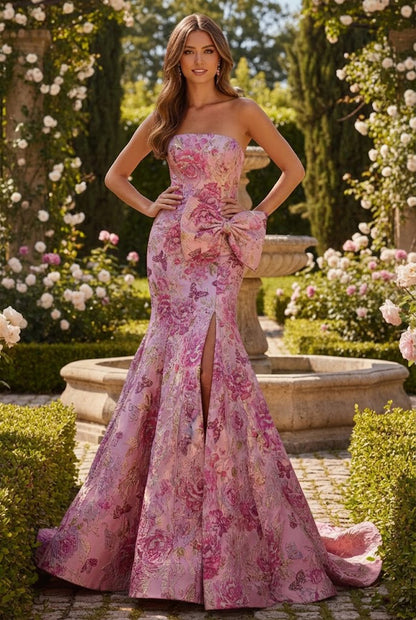 Strapless Floral Jacquard Mermaid Prom Dress with Bow | Sevoba