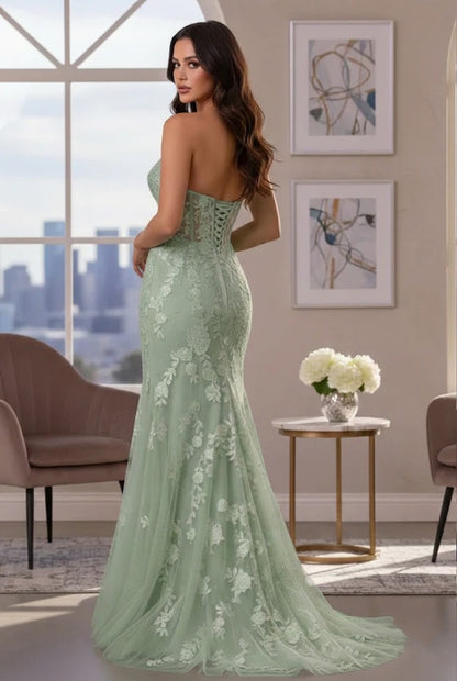 Strapless Floral Lace Mermaid Prom Dress with Corset Back | Sevoba