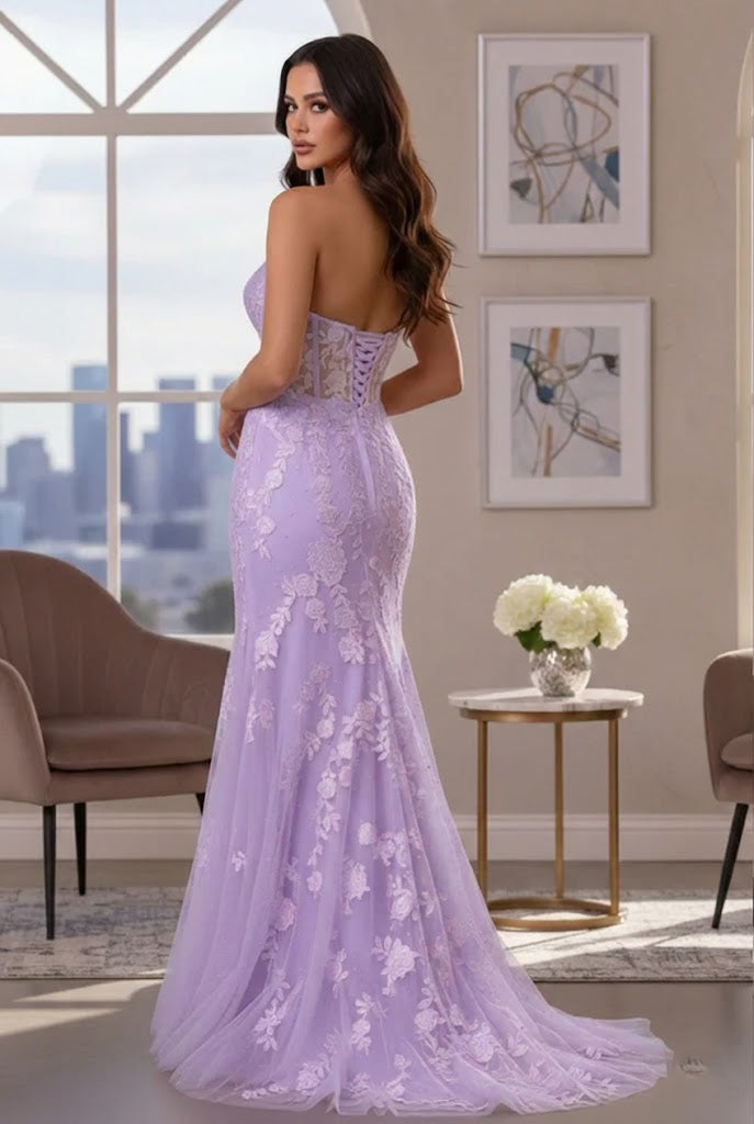 Strapless Floral Lace Mermaid Prom Dress with Corset Back | Sevoba