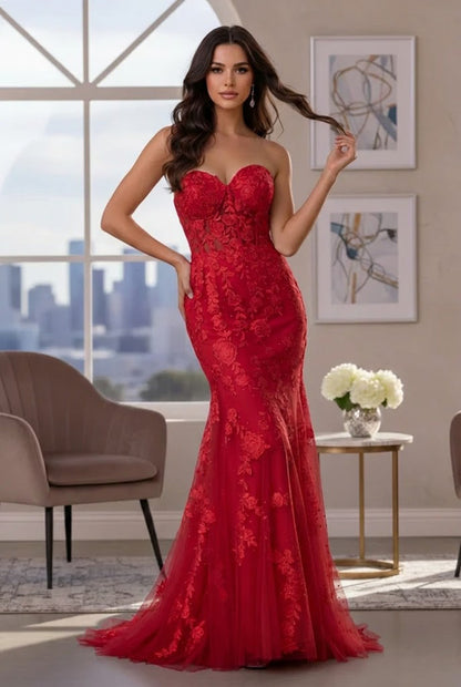 Strapless Floral Lace Mermaid Prom Dress with Corset Back | Sevoba