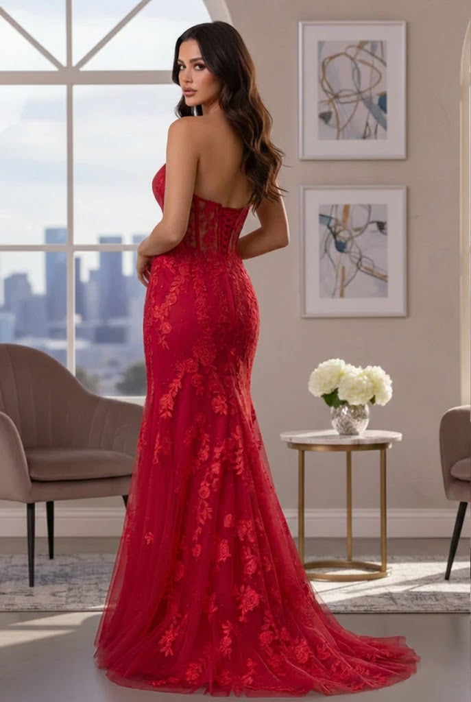 Strapless Floral Lace Mermaid Prom Dress with Corset Back | Sevoba