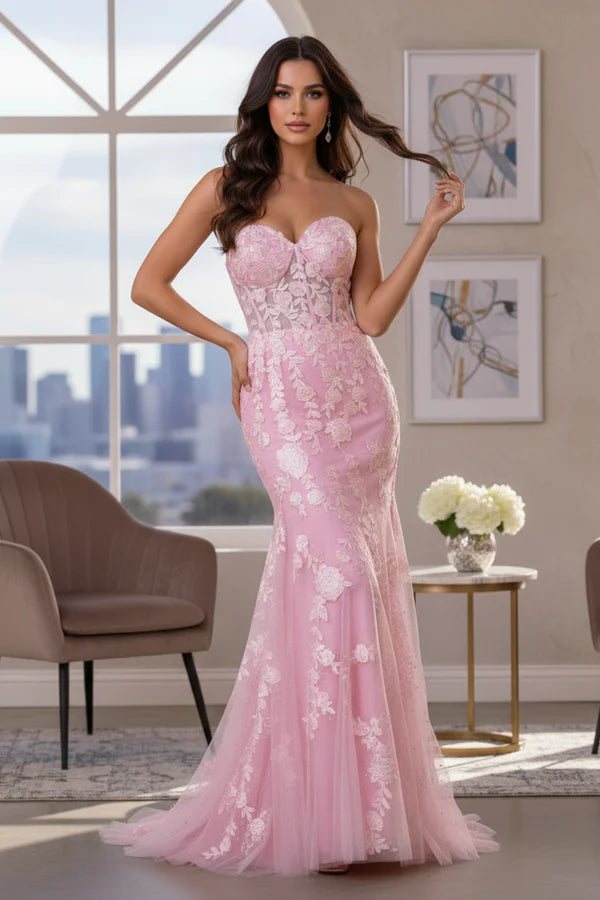 Strapless Floral Lace Mermaid Prom Dress with Corset Back | Sevoba