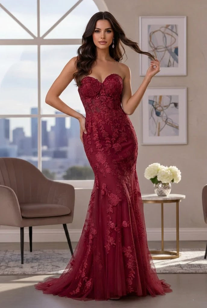 Strapless Floral Lace Mermaid Prom Dress with Corset Back | Sevoba