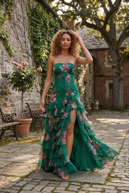 Strapless Floral Print Tiered Ruffle Prom Dress with Corset Back & Slit | Sevoba
