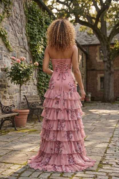 Strapless Floral Print Tiered Ruffle Prom Dress with Corset Back & Slit | Sevoba