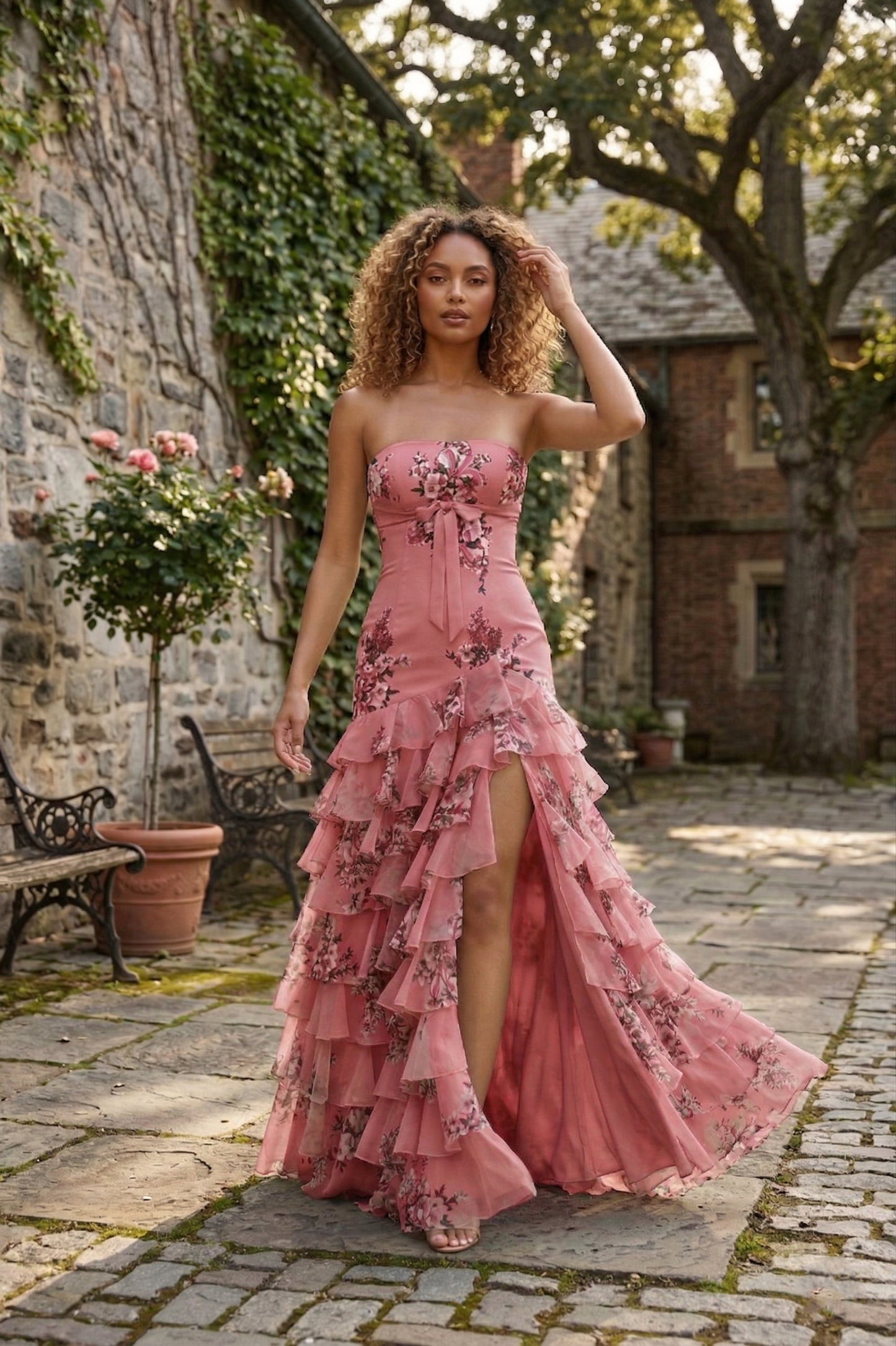 Strapless Floral Print Tiered Ruffle Prom Dress with Corset Back & Slit | Sevoba