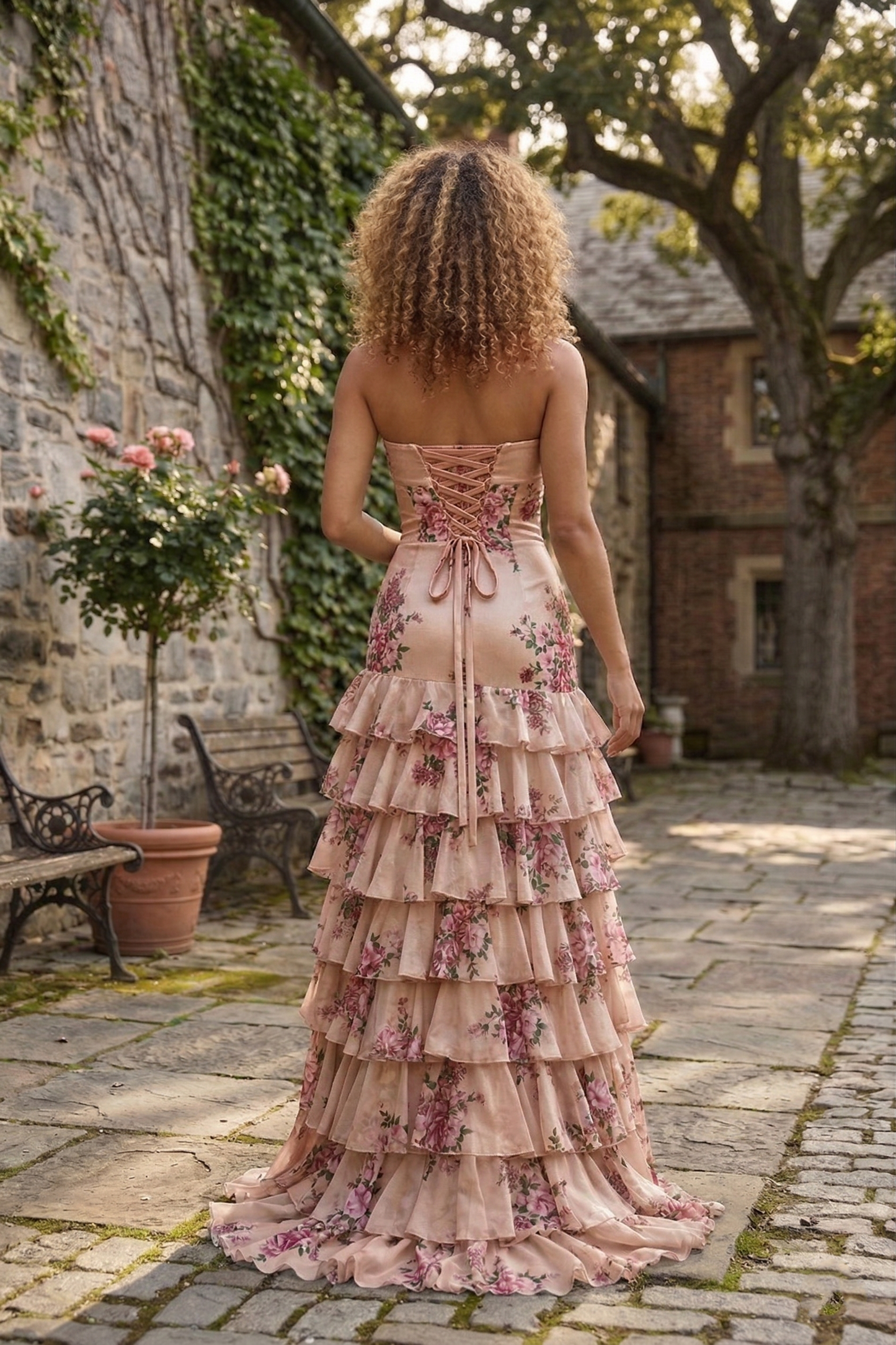 Strapless Floral Print Tiered Ruffle Prom Dress with Corset Back & Slit | Sevoba