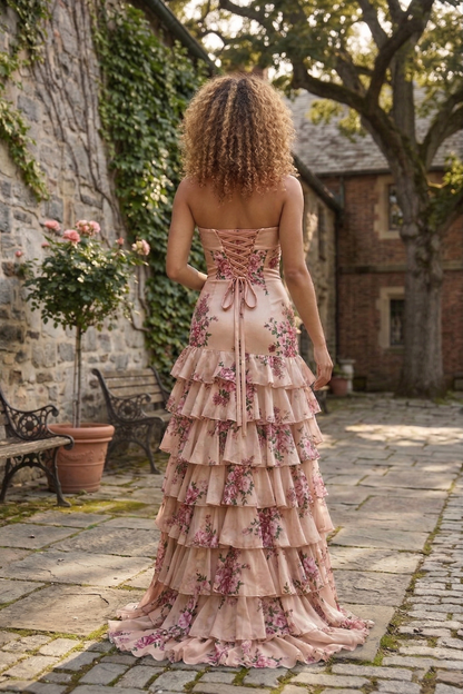Strapless Floral Print Tiered Ruffle Prom Dress with Corset Back & Slit | Sevoba