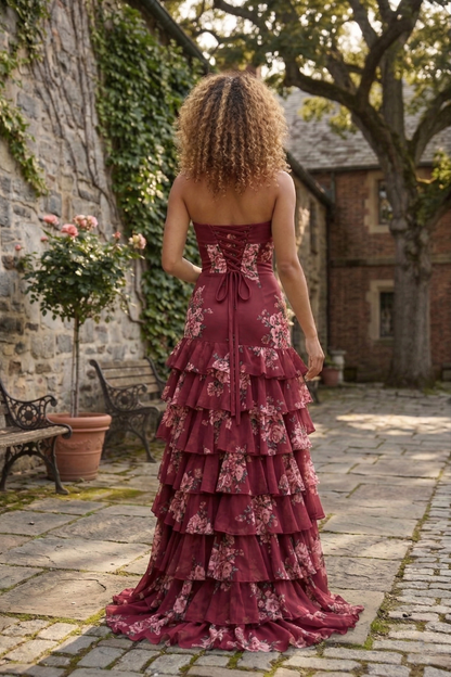 Strapless Floral Print Tiered Ruffle Prom Dress with Corset Back & Slit | Sevoba