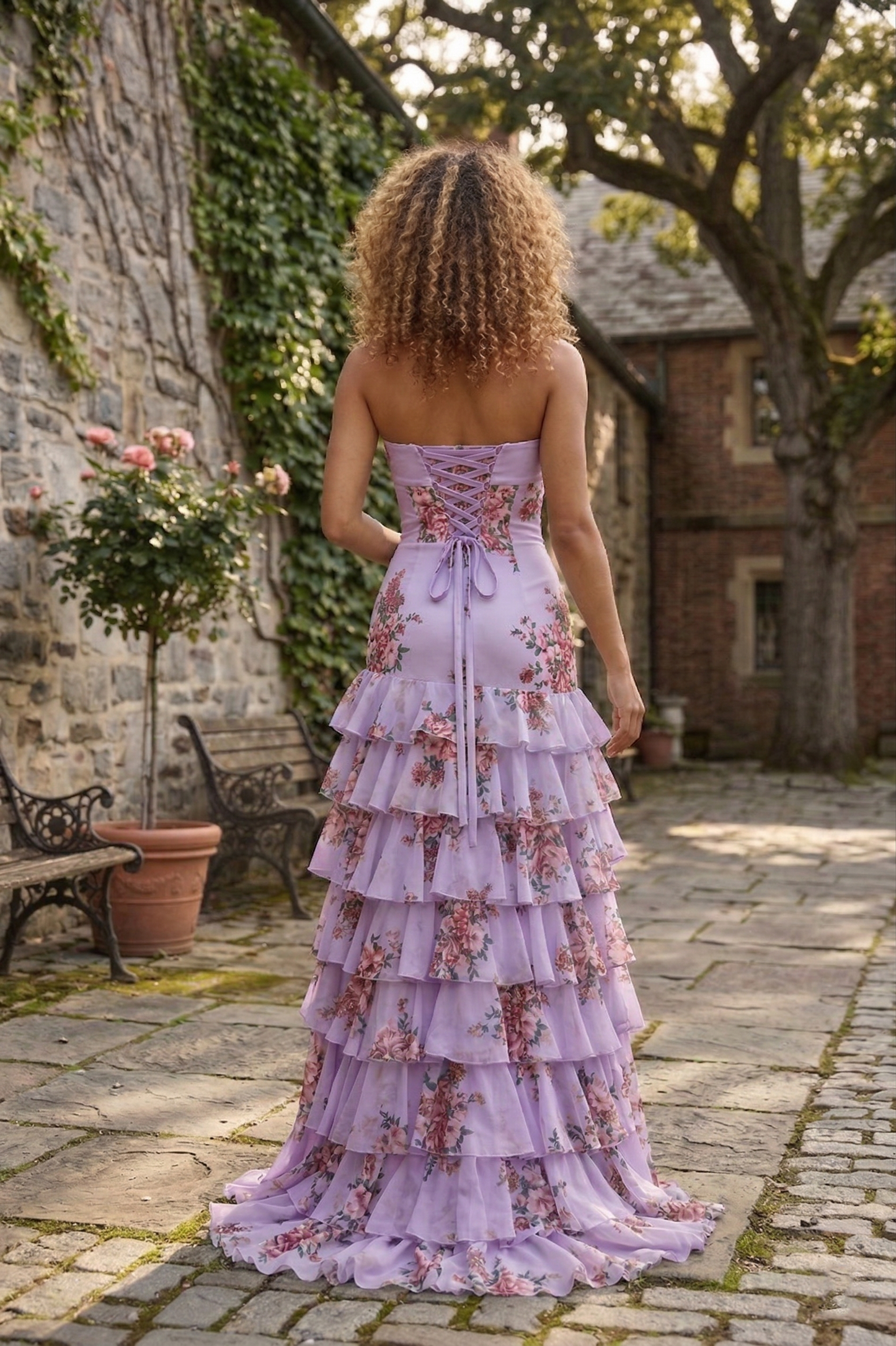 Strapless Floral Print Tiered Ruffle Prom Dress with Corset Back & Slit | Sevoba