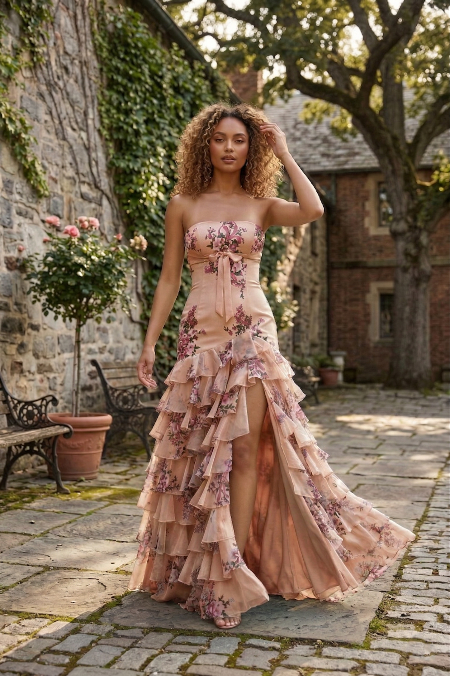 Strapless Floral Print Tiered Ruffle Prom Dress with Corset Back & Slit | Sevoba