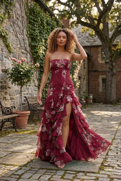 Strapless Floral Print Tiered Ruffle Prom Dress with Corset Back & Slit | Sevoba