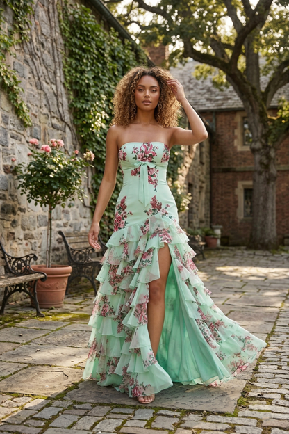 Strapless Floral Print Tiered Ruffle Prom Dress with Corset Back & Slit | Sevoba