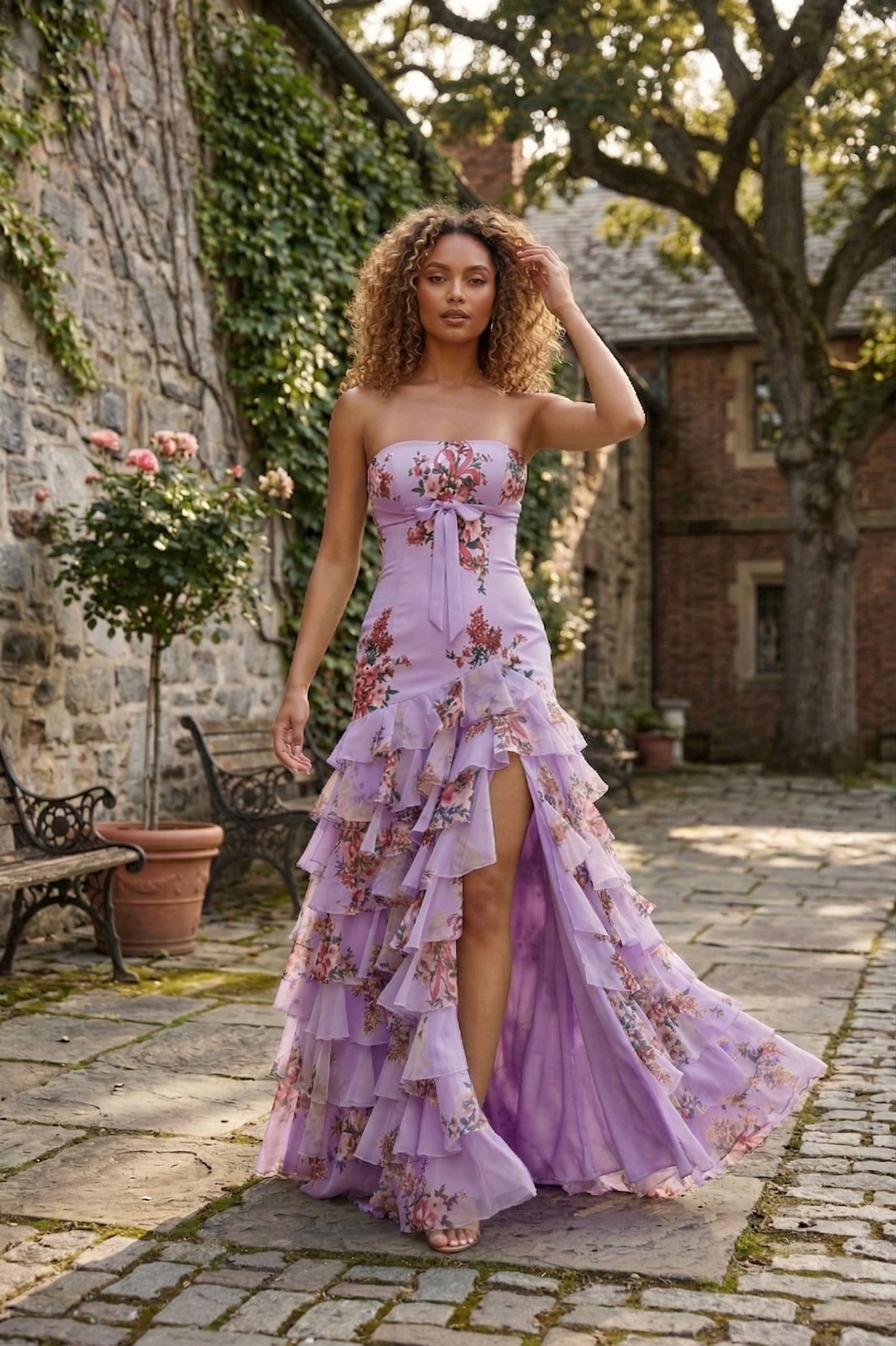 Strapless Floral Print Tiered Ruffle Prom Dress with Corset Back & Slit | Sevoba
