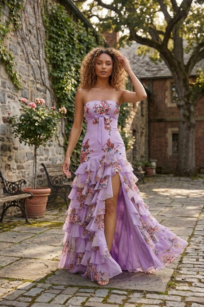Strapless Floral Print Tiered Ruffle Prom Dress with Corset Back & Slit | Sevoba