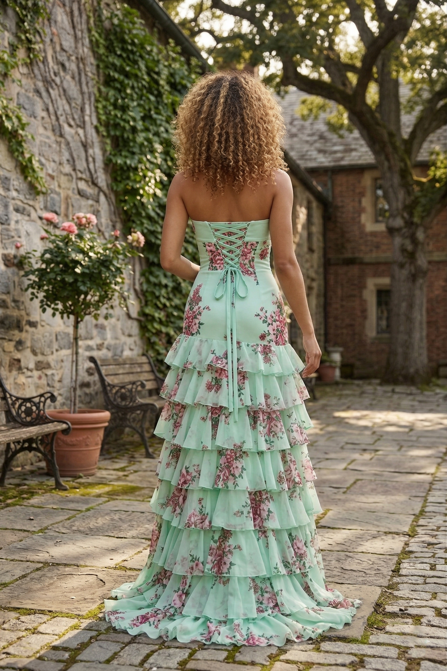 Strapless Floral Print Tiered Ruffle Prom Dress with Corset Back & Slit | Sevoba