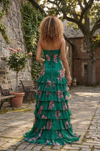 Strapless Floral Print Tiered Ruffle Prom Dress with Corset Back & Slit | Sevoba