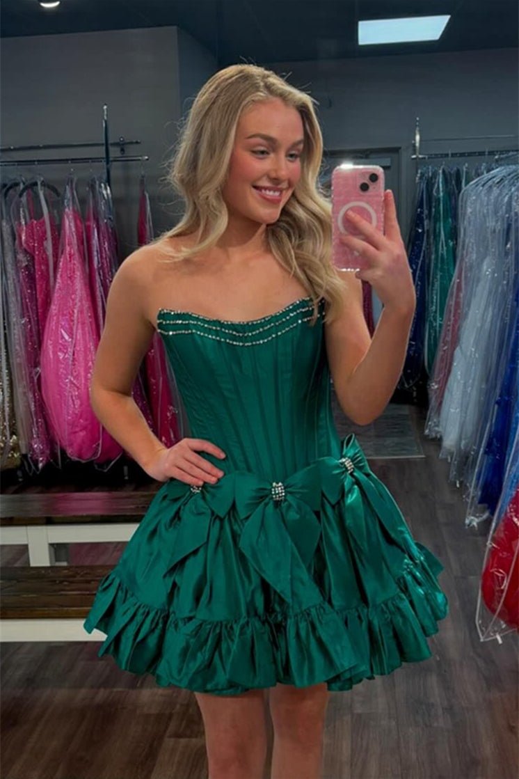 Strapless Black Beaded Short Homecoming Dress with Bow