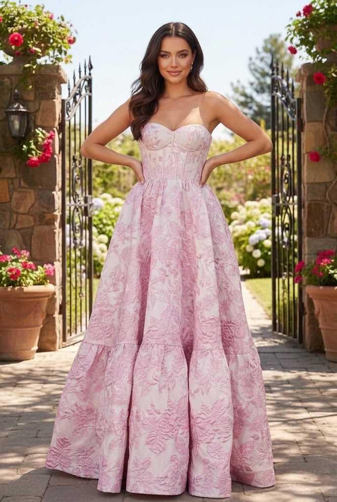 Strapless Jacquard Ballgown Prom Dress with Corset Bodice | Sevoba