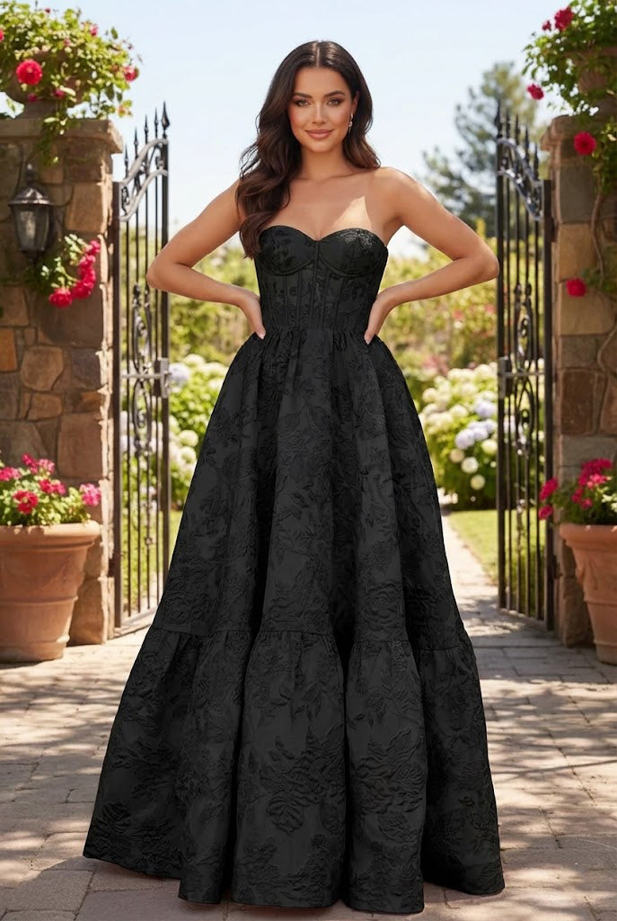Strapless Jacquard Ballgown Prom Dress with Corset Bodice | Sevoba