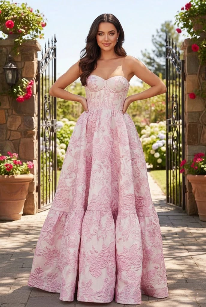 Strapless Jacquard Ballgown Prom Dress with Corset Bodice | Sevoba