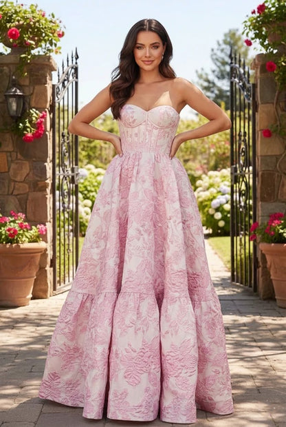 Strapless Jacquard Ballgown Prom Dress with Corset Bodice | Sevoba