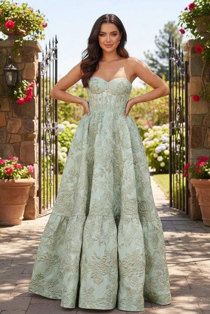 Strapless Jacquard Ballgown Prom Dress with Corset Bodice | Sevoba