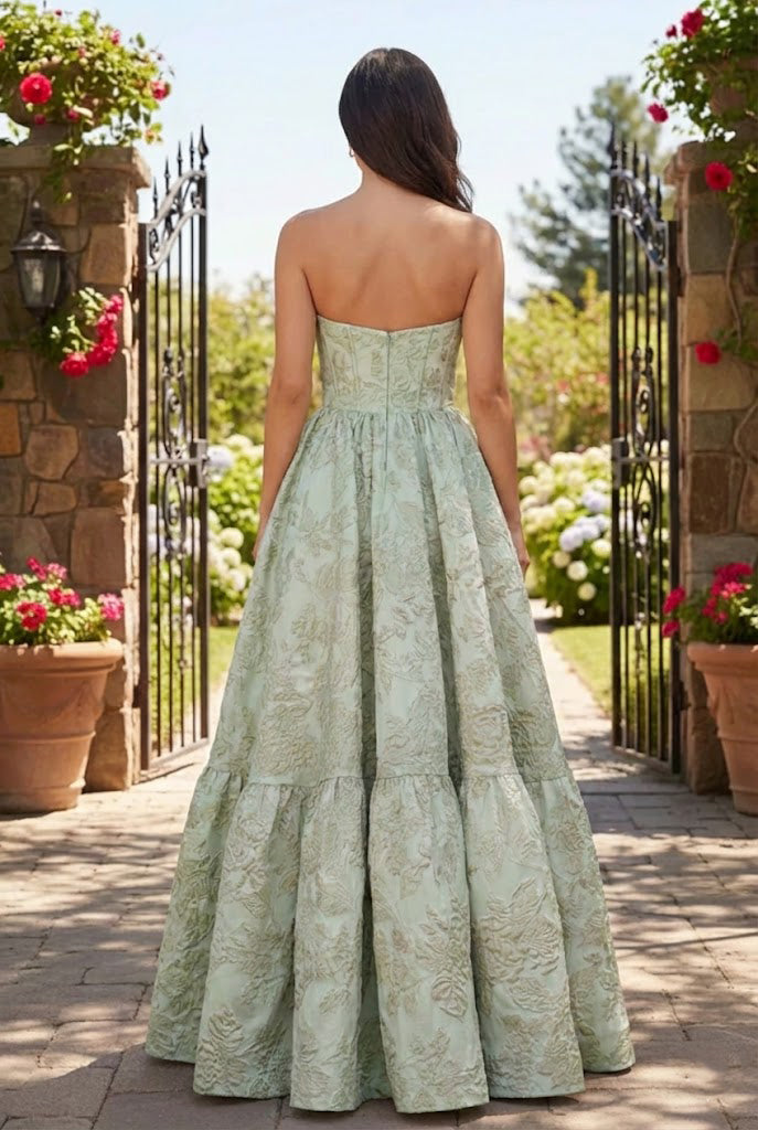 Strapless Jacquard Ballgown Prom Dress with Corset Bodice | Sevoba