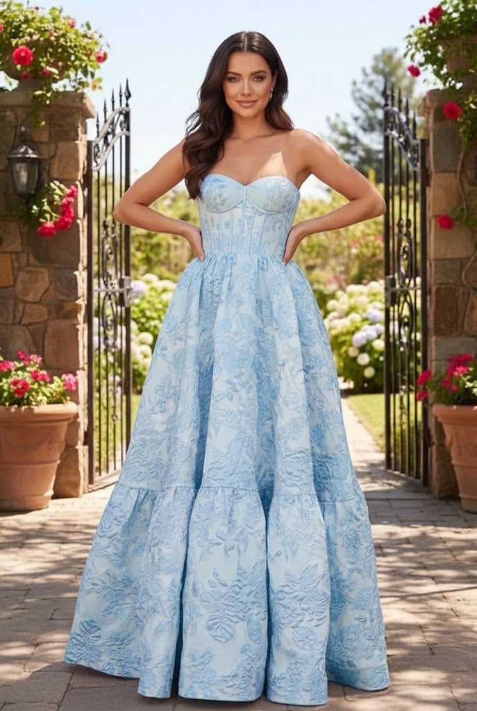 Strapless Jacquard Ballgown Prom Dress with Corset Bodice | Sevoba