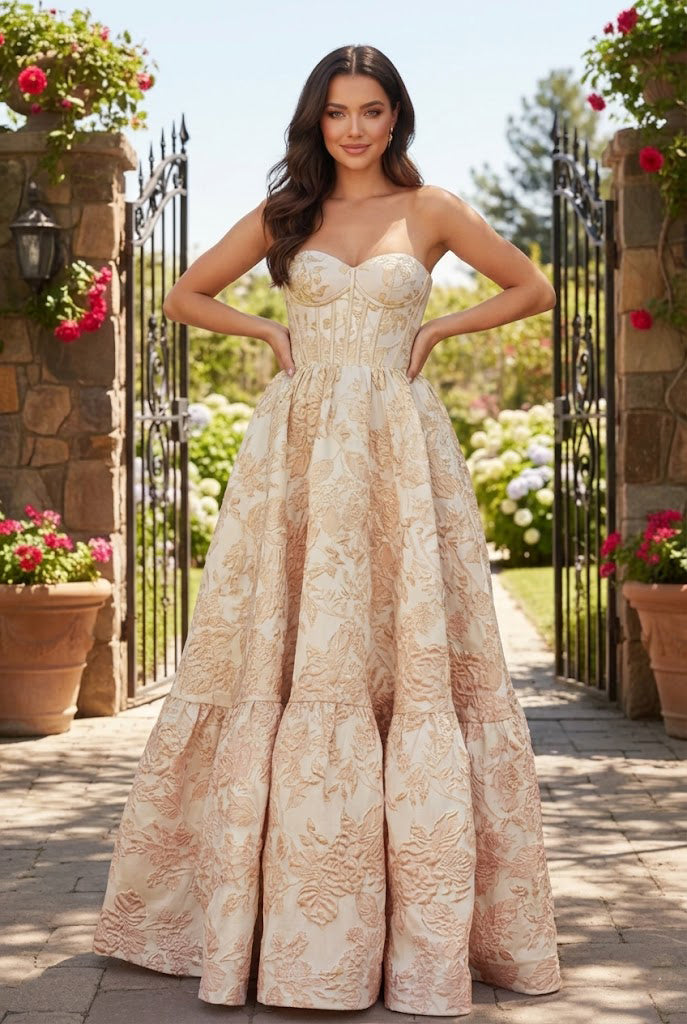 Strapless Jacquard Ballgown Prom Dress with Corset Bodice | Sevoba