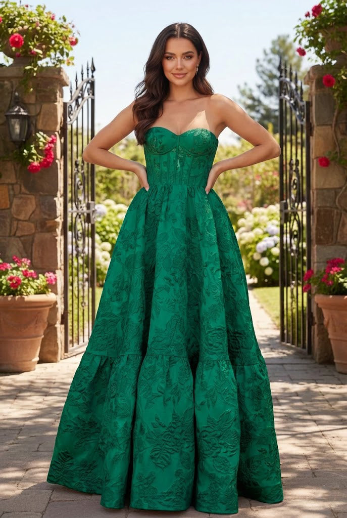 Strapless Jacquard Ballgown Prom Dress with Corset Bodice | Sevoba