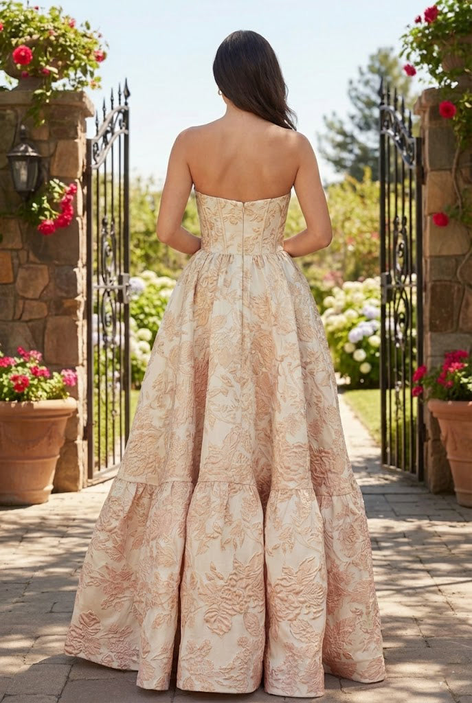 Strapless Jacquard Ballgown Prom Dress with Corset Bodice | Sevoba
