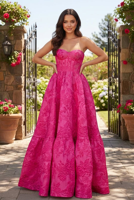 Strapless Jacquard Ballgown Prom Dress with Corset Bodice | Sevoba