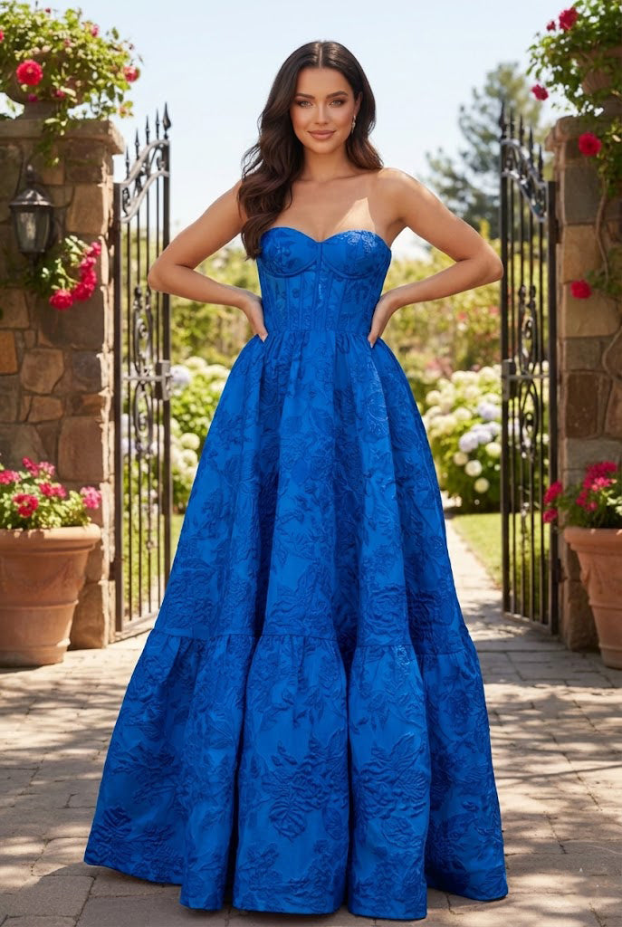 Strapless Jacquard Ballgown Prom Dress with Corset Bodice | Sevoba