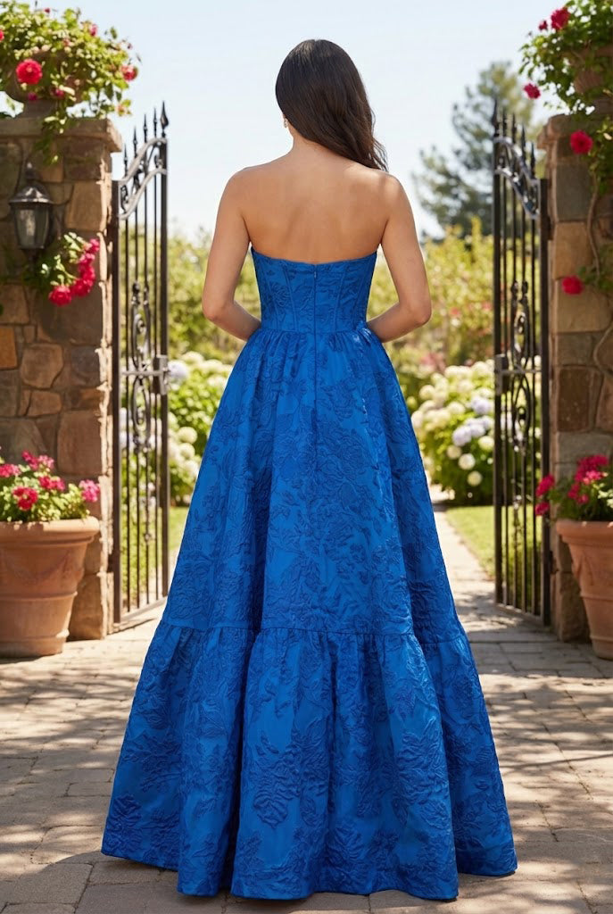 Strapless Jacquard Ballgown Prom Dress with Corset Bodice | Sevoba