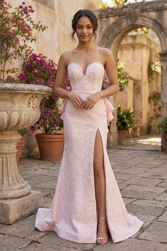 Strapless Jacquard Mermaid Prom Dress with Ruffle Train & Corset Back | Sevoba