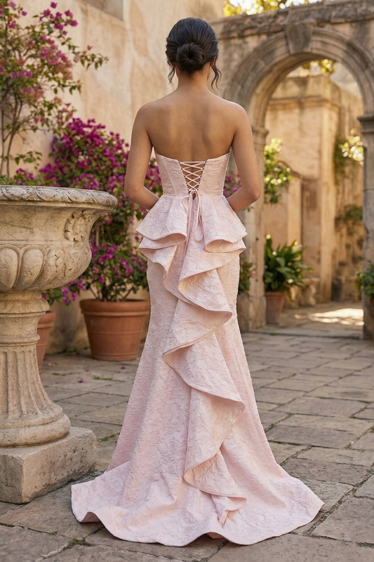 Strapless Jacquard Mermaid Prom Dress with Ruffle Train & Corset Back | Sevoba