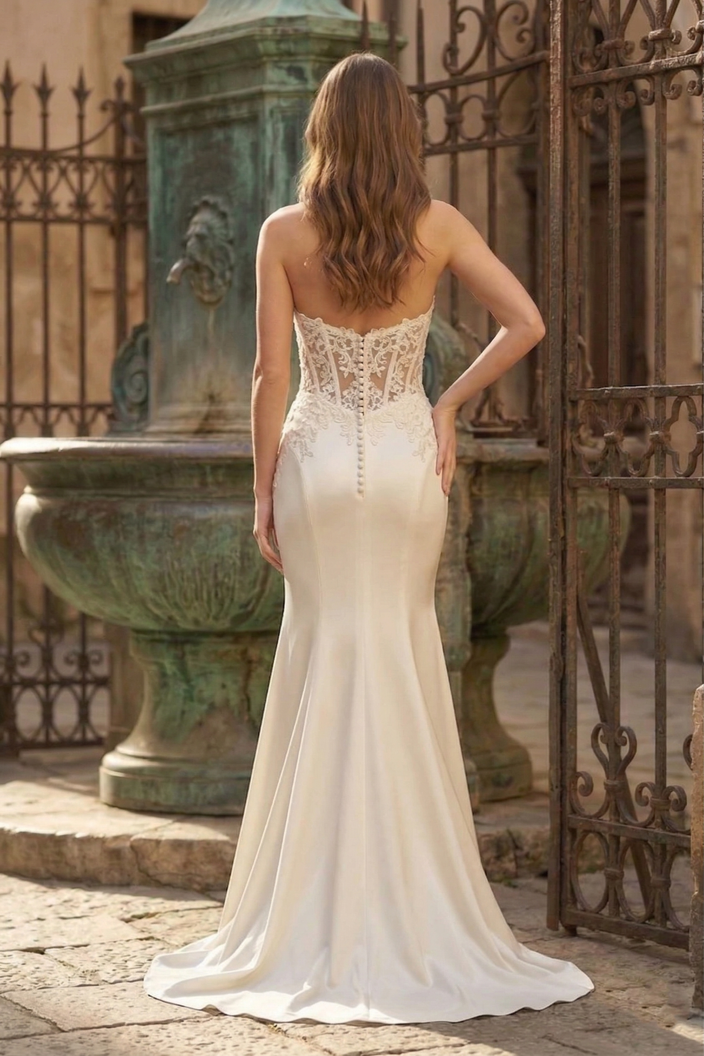 Strapless Lace Applique Corset Mermaid Prom Dress with Slit | Sevoba