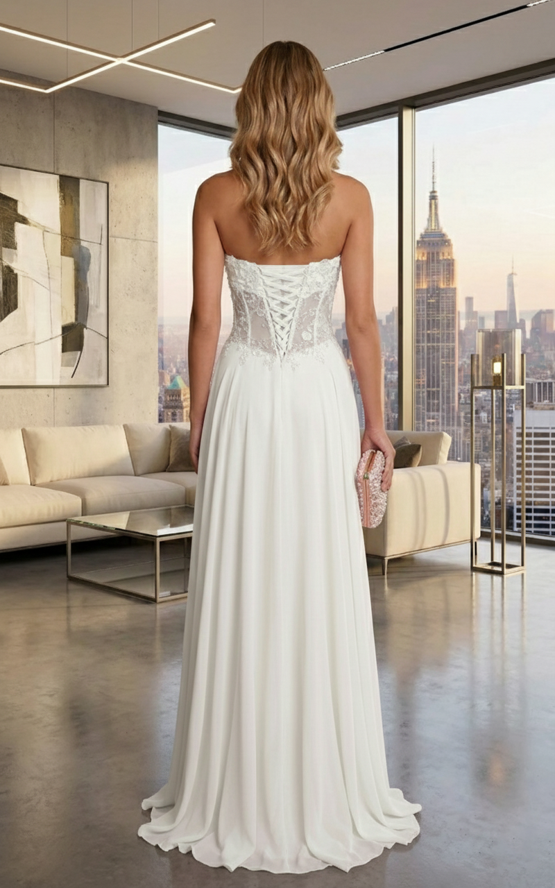 Strapless Lace Corset Chiffon A-Line Prom Dress with Lace-Up Back | Sevoba