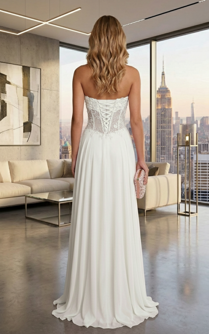 Strapless Lace Corset Chiffon A-Line Prom Dress with Lace-Up Back | Sevoba