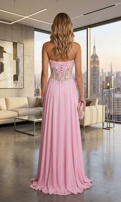 Strapless Lace Corset Chiffon A-Line Prom Dress with Lace-Up Back | Sevoba