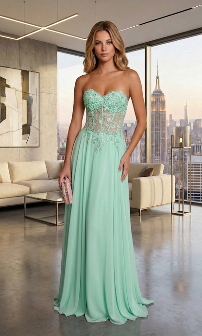 Strapless Lace Corset Chiffon A-Line Prom Dress with Lace-Up Back | Sevoba