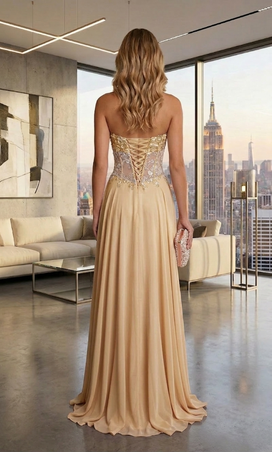 Strapless Lace Corset Chiffon A-Line Prom Dress with Lace-Up Back | Sevoba