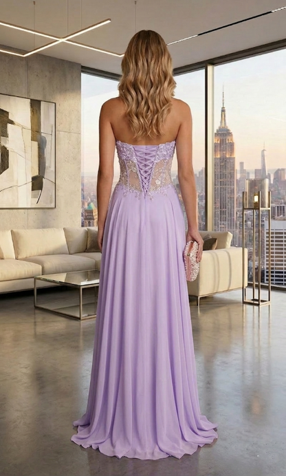 Strapless Lace Corset Chiffon A-Line Prom Dress with Lace-Up Back | Sevoba
