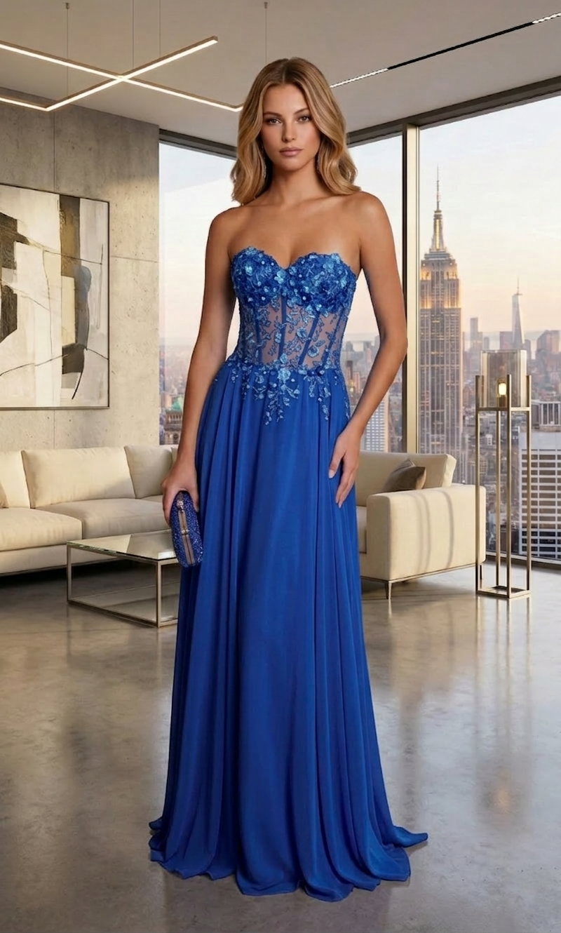 Strapless Lace Corset Chiffon A-Line Prom Dress with Lace-Up Back | Sevoba