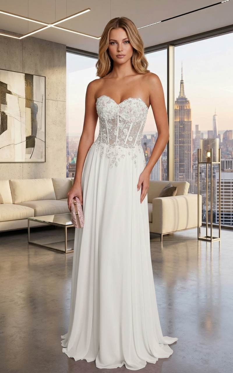 Strapless Lace Corset Chiffon A-Line Prom Dress with Lace-Up Back | Sevoba
