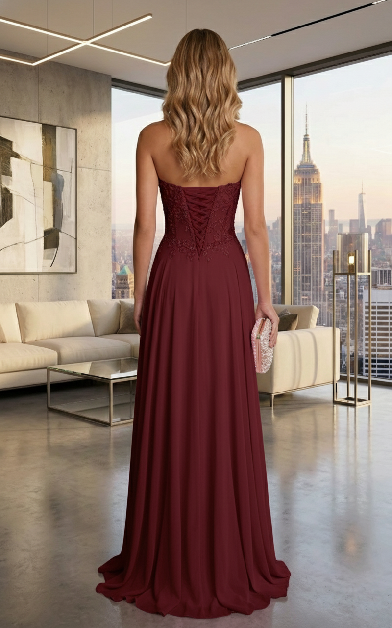 Strapless Lace Corset Chiffon A-Line Prom Dress with Lace-Up Back | Sevoba