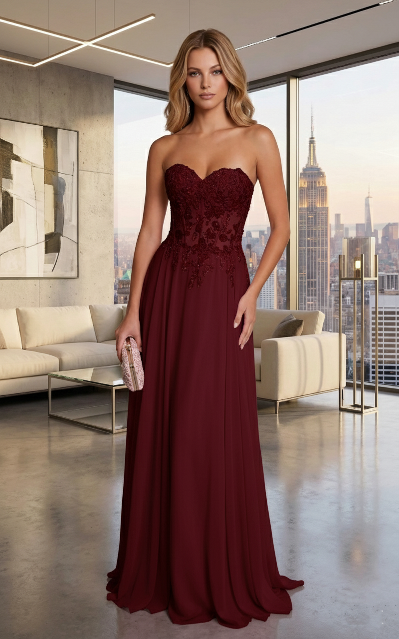 Strapless Lace Corset Chiffon A-Line Prom Dress with Lace-Up Back | Sevoba